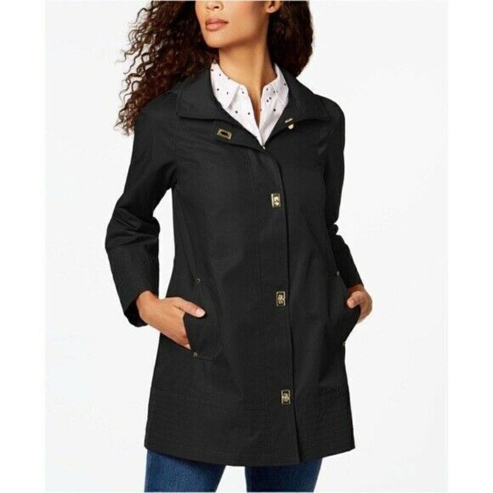 Jones New York Gold Turn Lock Button Hooded Black Raincoat Size Small NWT